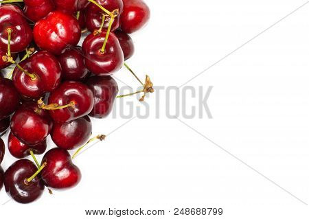 Sweet Bright Red Cherry Left Upper Corner Flatlay Isolated On White