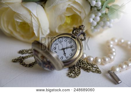 Vintage Pocket Watch And Hour Glass Or Sand Timer, Symbols Of Time With Copy Space