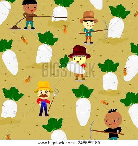 Pattern With Cute Radish On Field And Farmer,vegetables And Worker Cartoon Style,vector
