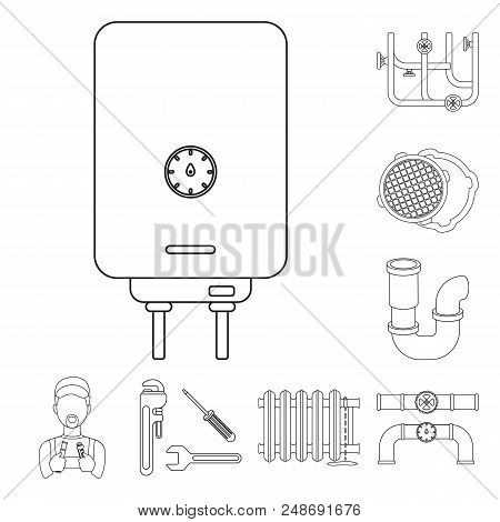 Plumbing, Fitting Outline Icons In Set Collection For Design. Equipment And Tools Vector Symbol Stoc