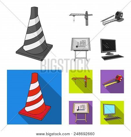 Construction Crane, Measuring Tape Measure, Drawing Board, Computer. Architecture Set Collection Ico
