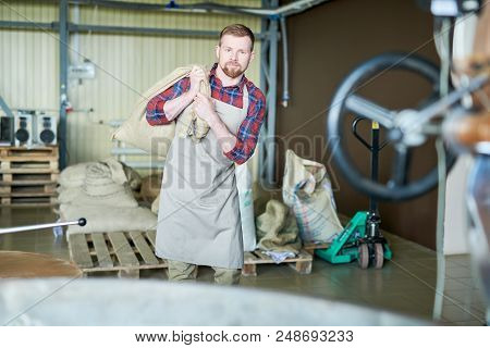 Portrait Of Modern Bearded Man Wearing Apron Carrying Burlap Bags With Coffee In Artisan Roastery Sh