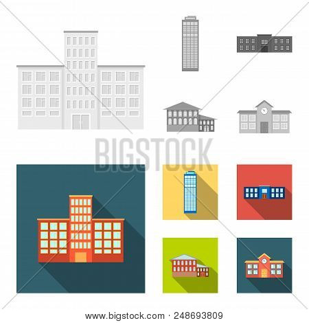 Skyscraper, Police, Hotel, School.building Set Collection Icons In Monochrome, Flat Style Vector Sym