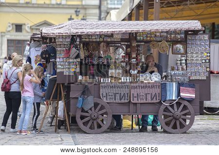 Lviv, Ukraine - July 05, 2018 : Stalls Designed As Wooden Carriages With Wide Range Of Handmade Souv