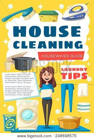 House Cleaning Guide Poster For Housewife Home Work. Vector Cartoon Design Of Woman With Mop, Washin