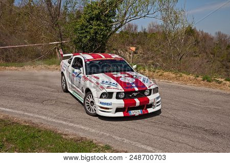 Cesena, Italy - April 8, 2018: Driver And Co-driver On A Drift Racing Car Ford Mustang In Action Dri