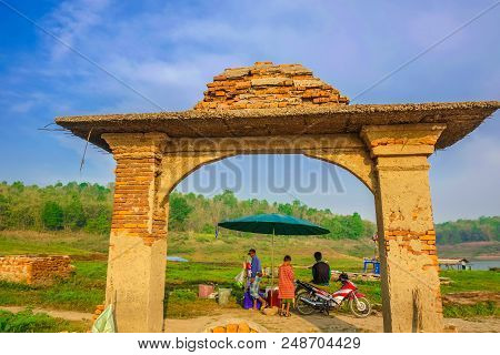 Underwater Temple Gate In Sangkhla Buri District Kanchanaburi Thailand,unseen Thailand,villager In F