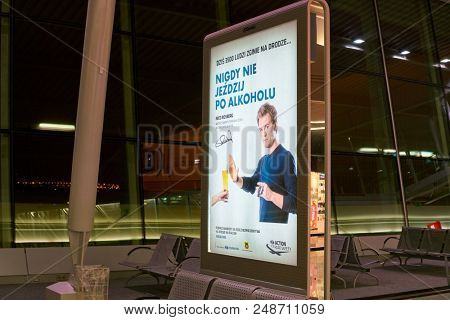 WARSAW, POLAND - CIRCA NOVEMBER, 2017: poster with Nico Rosberg in Warsaw Chopin Airport.