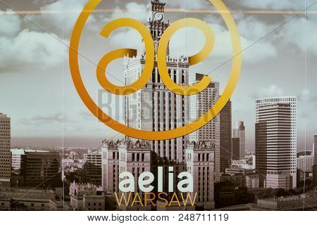 WARSAW, POLAND - CIRCA NOVEMBER, 2017: Aelia Duty Free Shop sign in Warsaw Chopin Airport.