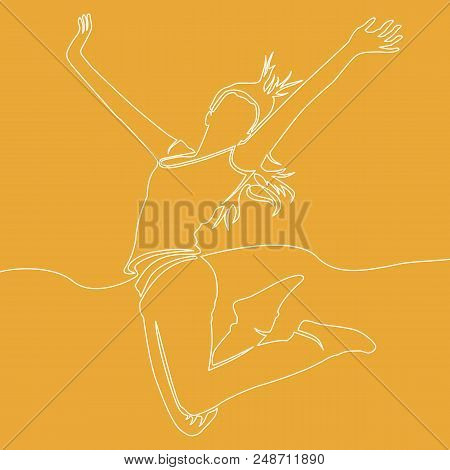 Continuous Line Drawing Of Happy Jumping Woman Vector Illustration On Orange Background