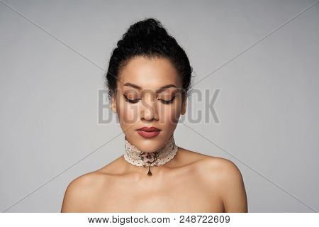 Beauty Closeup Profile Portrait Of Beautiful Mixed Race Caucasian - African American Woman Wearing C