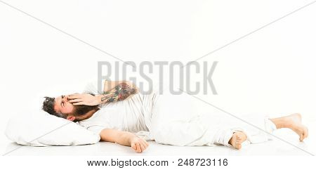 Time To Sleep Concept. Man With Beard And Mustache Goes To Sleep, White Background. Hipster Yawning,