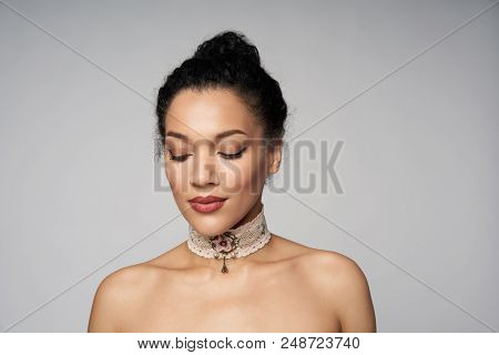 Beauty Closeup Profile Portrait Of Beautiful Mixed Race Caucasian - African American Woman Wearing C