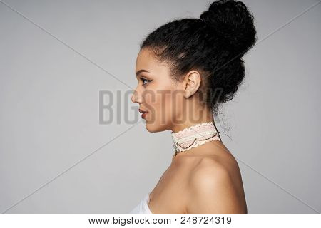 Beauty Closeup Profile Portrait Of Beautiful Mixed Race Caucasian - African American Woman Wearing C