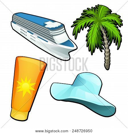 A Set Of Cartoon Attributes Of Tourist Trips And Travel Isolated On White Background. Vector Cartoon