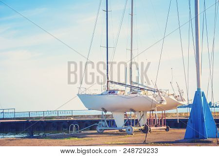 The Yacht Is Parked In The Roadstead And Ready For Travel.