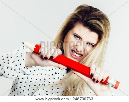 Angry Mad Woman Blonde Student Girl Or Female Teacher, Stressed Business Worker Releasing Tension By