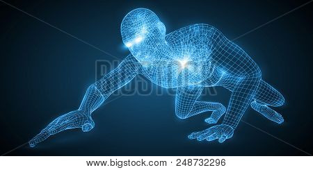 Energy Of The Crawling Man. Spiritual Energy Beams Inside Head And Torso. Blue Version. Suitable For