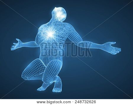 Energy Of The Praying Man. Spiritual Energy Beam From Heart And Brain. Blue Version. Suitable For An