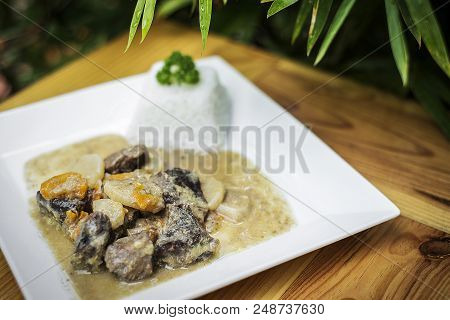 Organic Beef And Sauerkraut Cream Vegetable Stew On Wooden Table