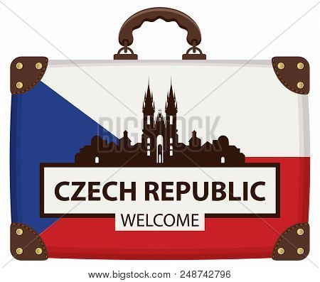 Vector Travel Banner With Suitcase In Colors Of Czech Flag With The Famous Church Of Our Lady Before