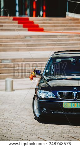 Strasbourg, France - Apr 21, 2015: Luxury Bmw Limousine With Royal Belgium Flag Parked Near The Red 