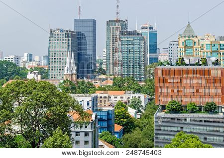Ho Chi Minh City, Vietnam - 4 April, 2018: Ho Chi Minh City Metropolis With Notre-dame Cathedral Bas