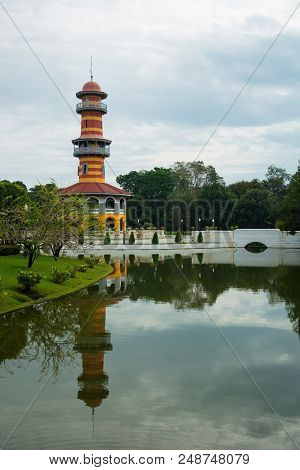 Ayutthaya , Thailand - Nov 24, 2013: Ho Withun Thasana Lookout Tower And A Beautiful Garden Surround