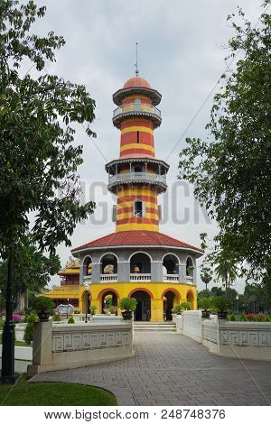 Ayutthaya , Thailand - Nov 24, 2013: Thasana Lookout Tower And A Beautiful Garden Surrounding It In 