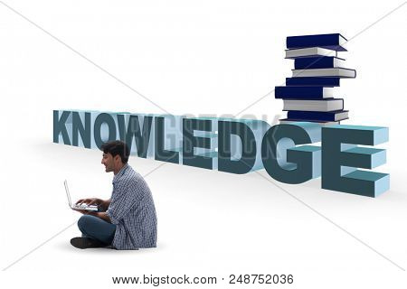 Young man in telelearning concept with laptop and books