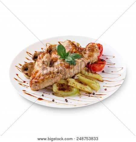 Plate Of Grilled Chicken With Vegetables Isolated On White Background. Photo For The Menu