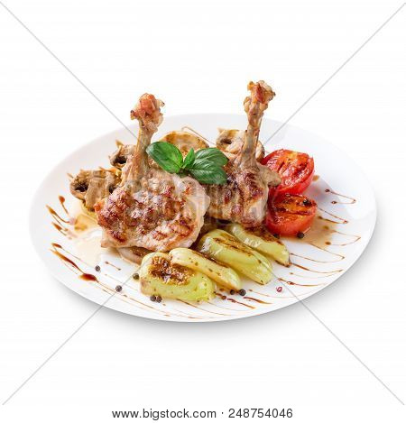 Plate Of Grilled Chicken With Vegetables Isolated On White Background. Photo For The Menu