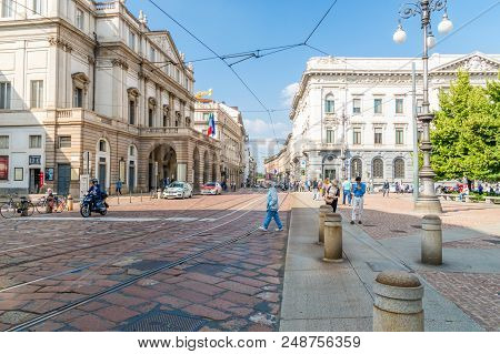Milan, Italy - May 29, 2018: Historical Piazza Della Scala Street With Teatro Alla Scala.