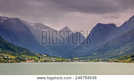 View Of Olden Village In Briksdalsbreen Glacial Valley In Norwegian Innvikfjord Fjord Norway