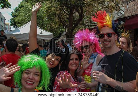 Sao Paulo, Brazil - February 3, 2018: An Unidentified Group Of Happy Brazilian People Celebrating Ca
