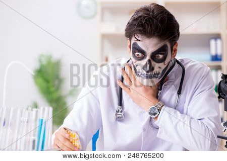 Scary monster doctor working in lab
