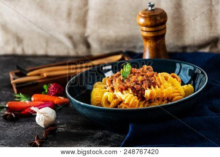 Radiatori pasta Bolognese on the table