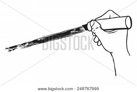 Drawn Hand Holds A Marker With A Beveled Lead And Draws A Strip.
