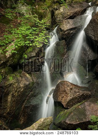 Waterfall, Cascade Between Big Rocks In Ravine Ysperklamm (waldviertel, Austria)