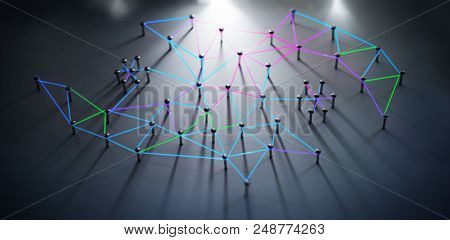 Linking entities. Networking, social media, SNS, internet communication abstract. Network connected with incom. Web glowing blue, green, red, purple wires in long shadow. Shallow DOF.