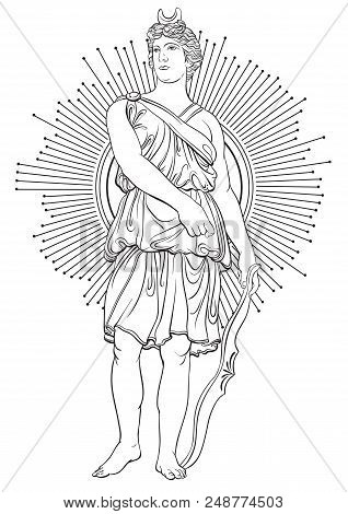 Greek Goddess Of War With Bow In Arrows. Folk Artwork In Line Style. Coloring Book For Adults. Vecto