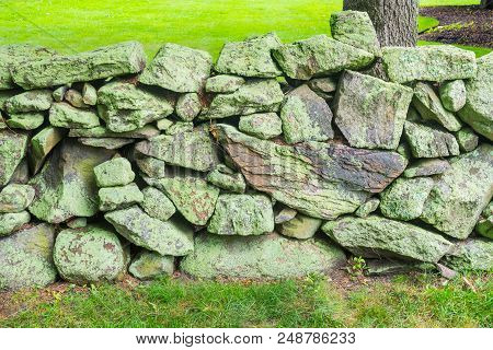 Green Mossy Old Stone Wall New England Padnaram Dartmouth Massachusetts. Stone Walls Were Built In T