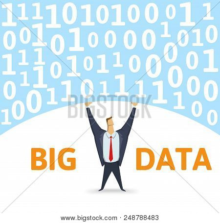 Digital Environment. Strong Man Holding Bulk Of Big Digital Data Above His Head On White Background.