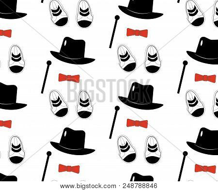 Seamless Pattern Of Clothes Elements Hat, Cane Stick, Shoes Of Gentleman Cute Fashion Pattern For Fa