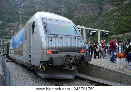Famous Railroad Flamsbahn. Norwegian Train Near Railway Station.June 17,2018. Flam, Norway, Scandinavia.