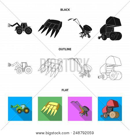 Motoblock And Other Agricultural Devices. Agricultural Machinery Set Collection Icons In Black, Flat