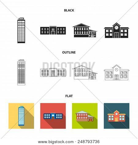 Skyscraper, Police, Hotel, School.building Set Collection Icons In Black, Flat, Outline Style Vector