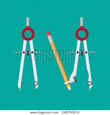 Metalic Drawing Compass. Divider Caliper With Attached Pencil For Office Supply, School, Stationery.