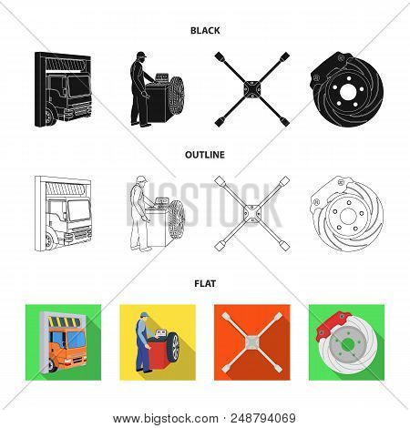 Wheel Balancing, Spanner And Brake Disc Black, Flat, Outline Icons In Set Collection For Design.car 