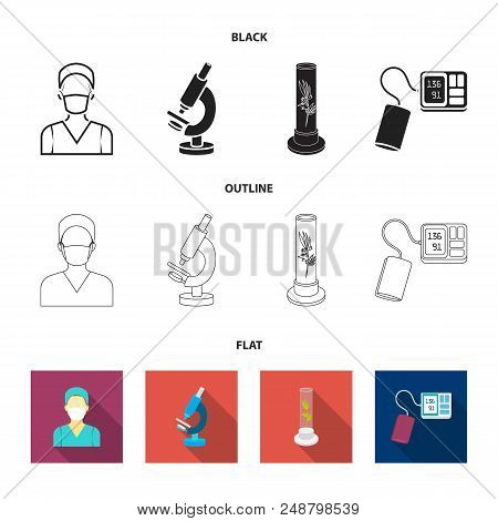 Plant In Vitro, Nurse, Microscope, Tonometer. Medicine Set Collection Icons In Black, Flat, Outline 